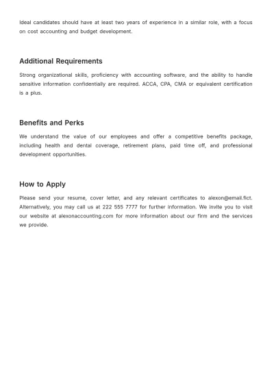 Free Cost Accounting Job Description Template to Edit Online