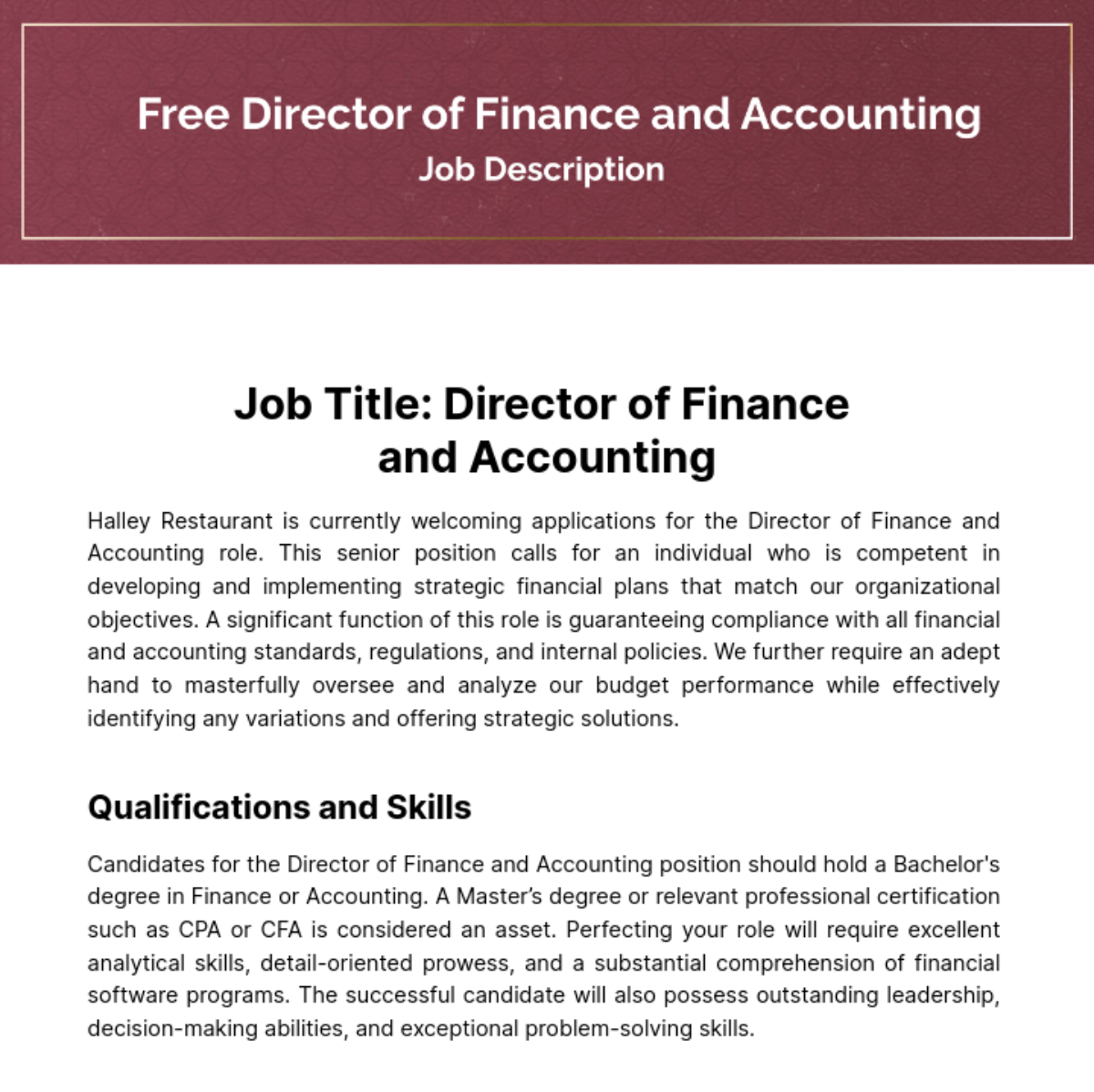 Director of Finance and Accounting Job Description Template