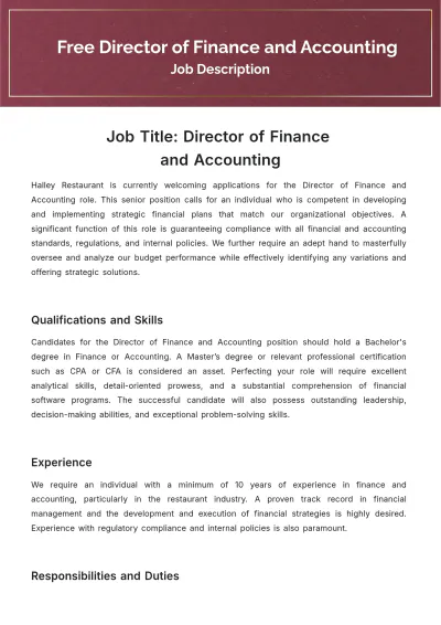 Free Director of Finance and Accounting Job Description Template to Edit Online