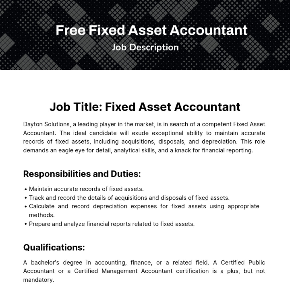 Fixed Asset Accounting Job Description Template