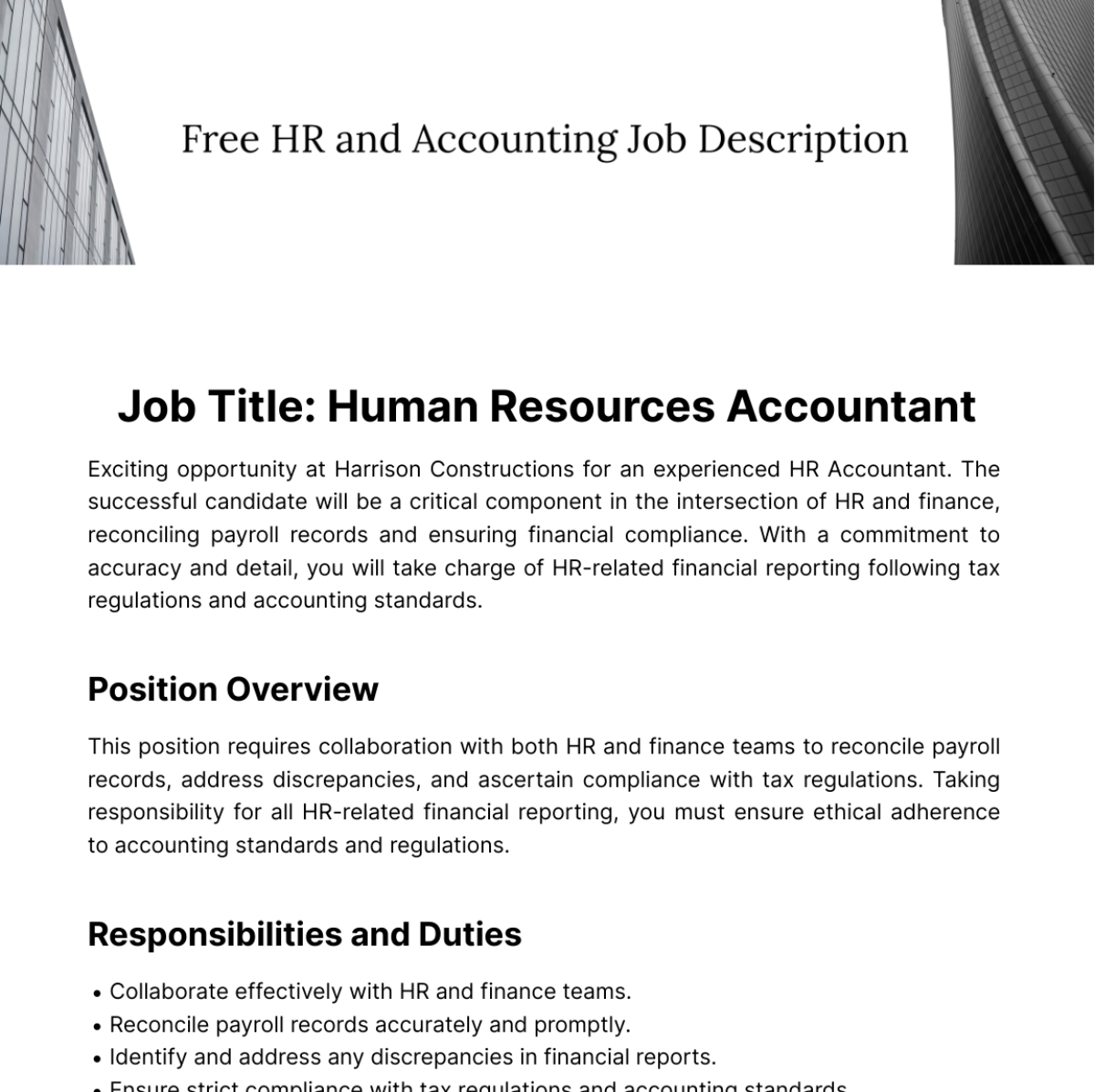 HR and Accounting Job Description Template