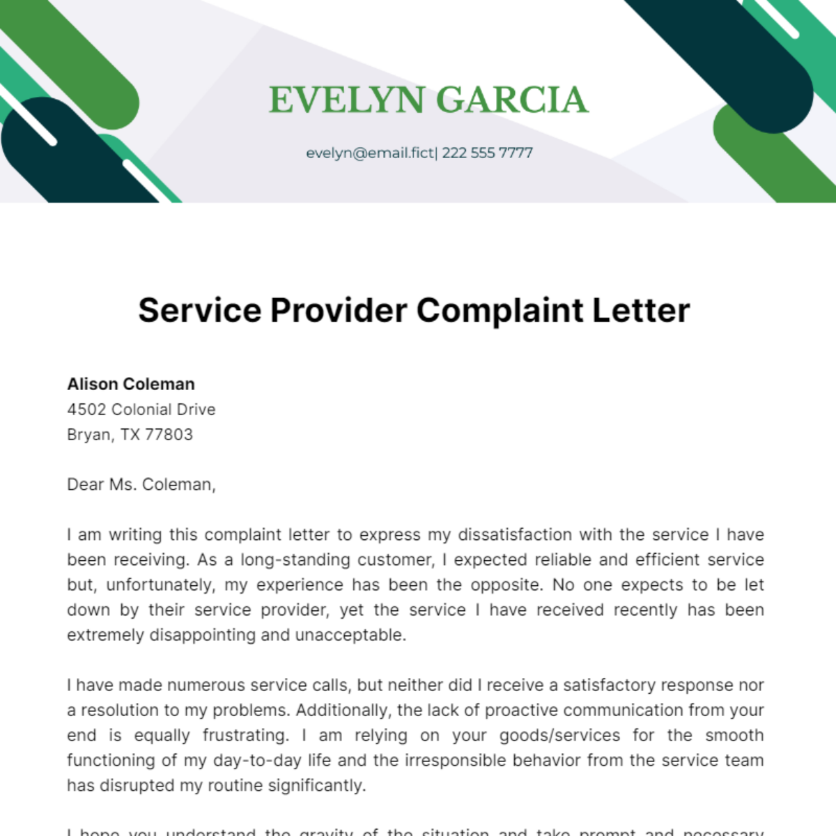 Service Provider Complaint Letter Template