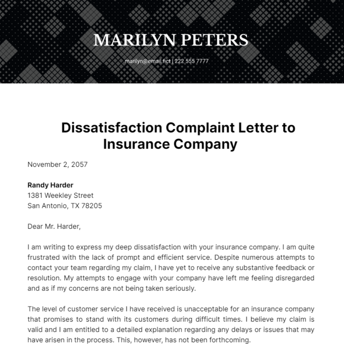 Dissatisfaction Complaint Letter to Insurance Company Template