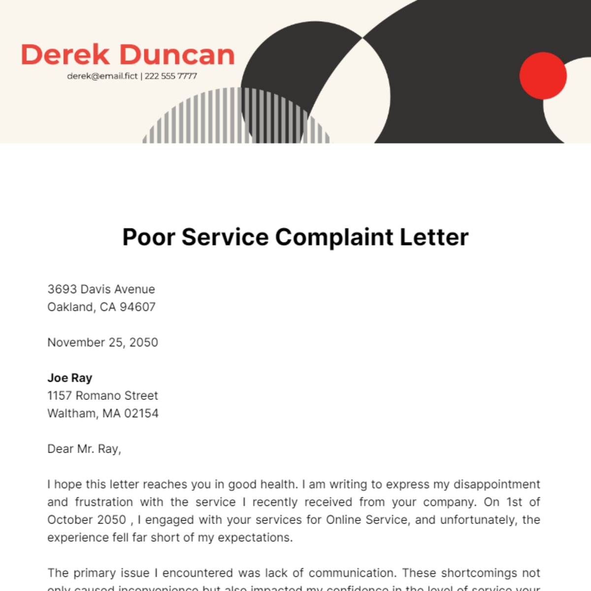 Poor Service Complaint Letter Template