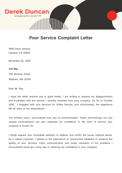 Free Poor Service Complaint Letter Template to Edit Online