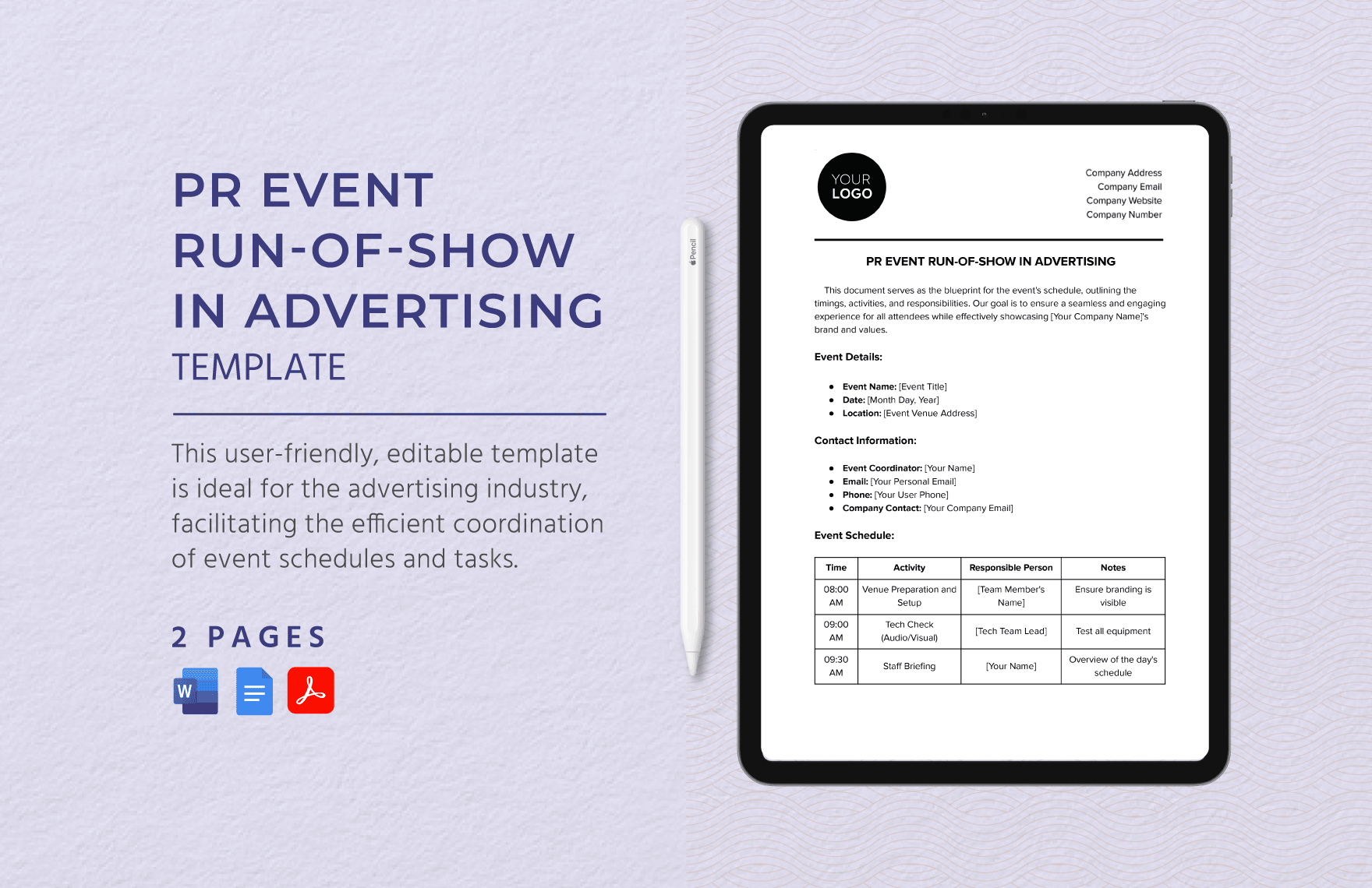 PR Event Run-of-Show in Advertising Template in Word, Google Docs, PDF
