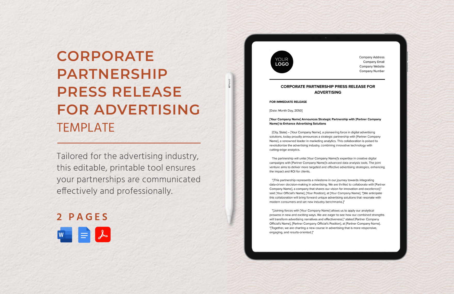 Corporate Partnership Press Release for Advertising Template