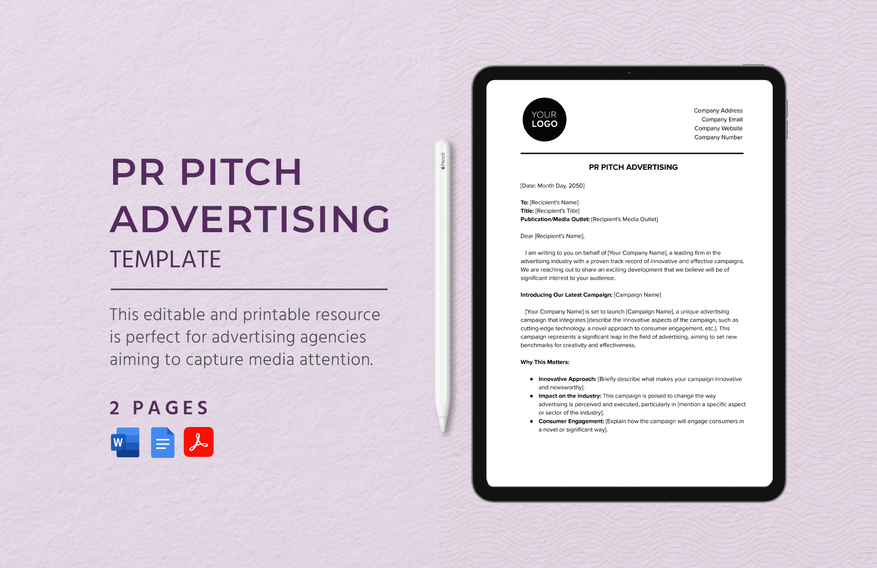 PR Pitch Advertising Template in Word, Google Docs, PDF