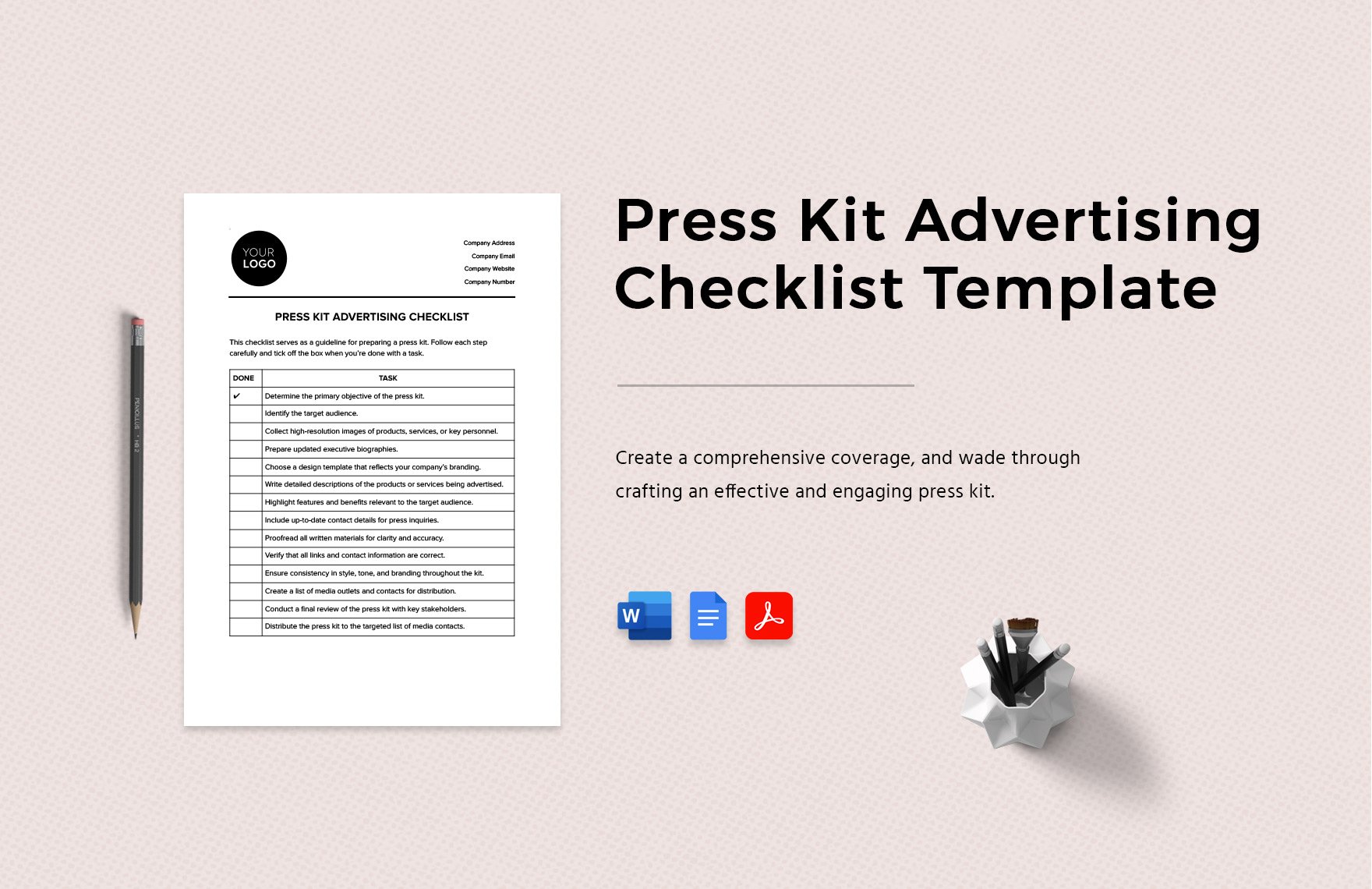 Press Kit Advertising Checklist Template in Word, Google Docs, PDF