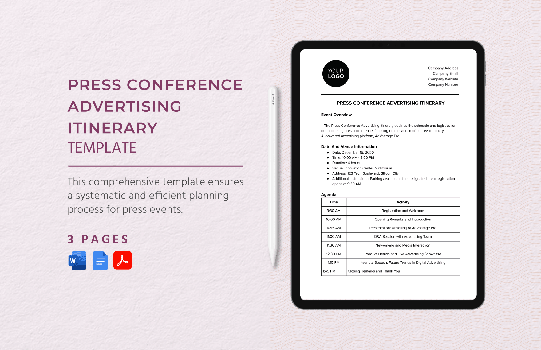 Press Conference Advertising Itinerary Template
