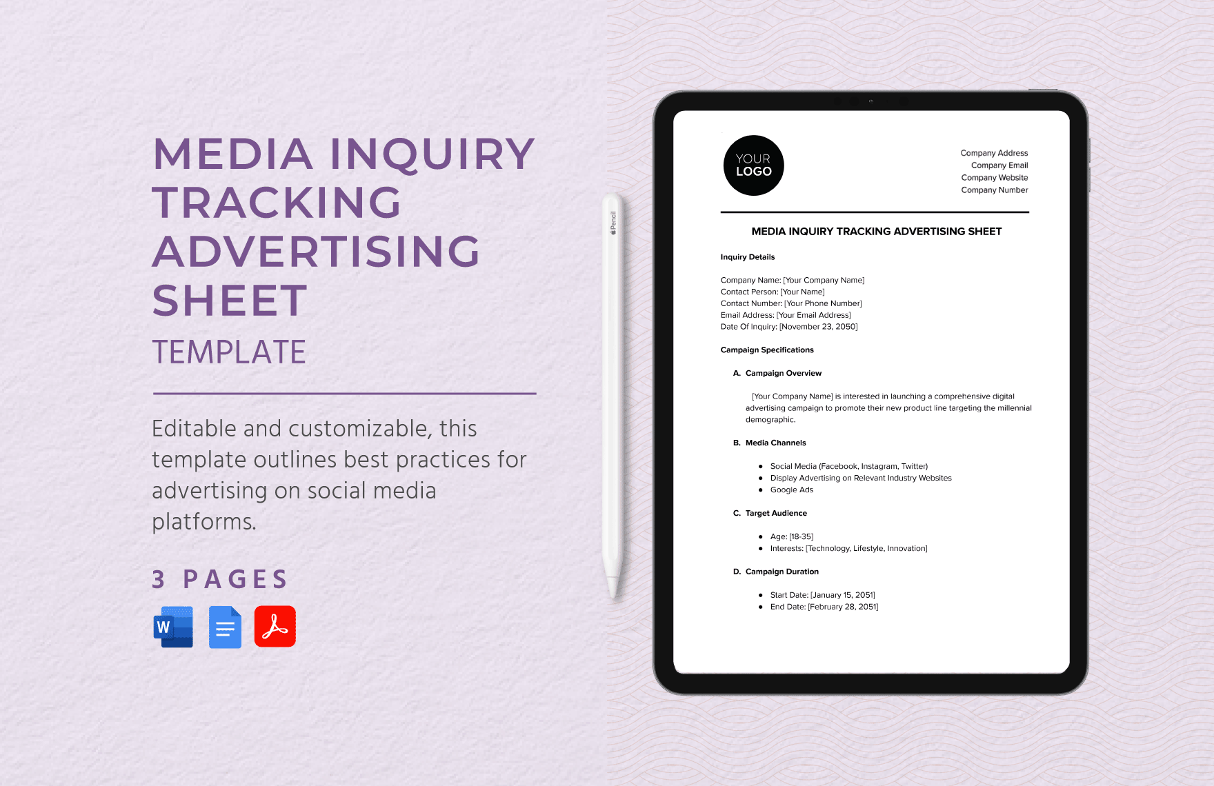 Media Inquiry Tracking Advertising Sheet Template