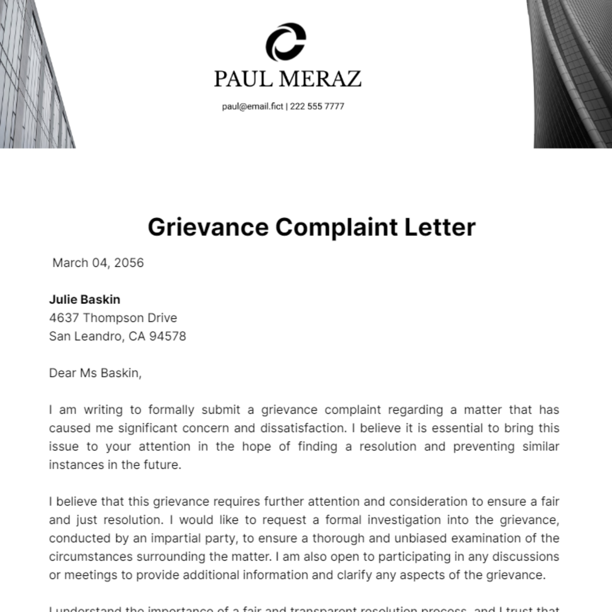 Grievance Complaint Letter Template