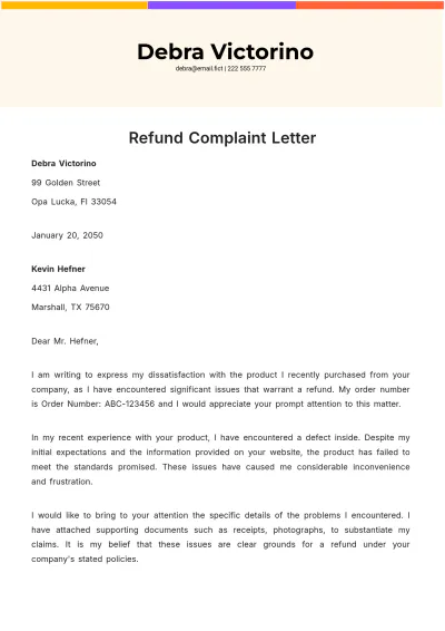 Free Refund Complaint Letter Template to Edit Online