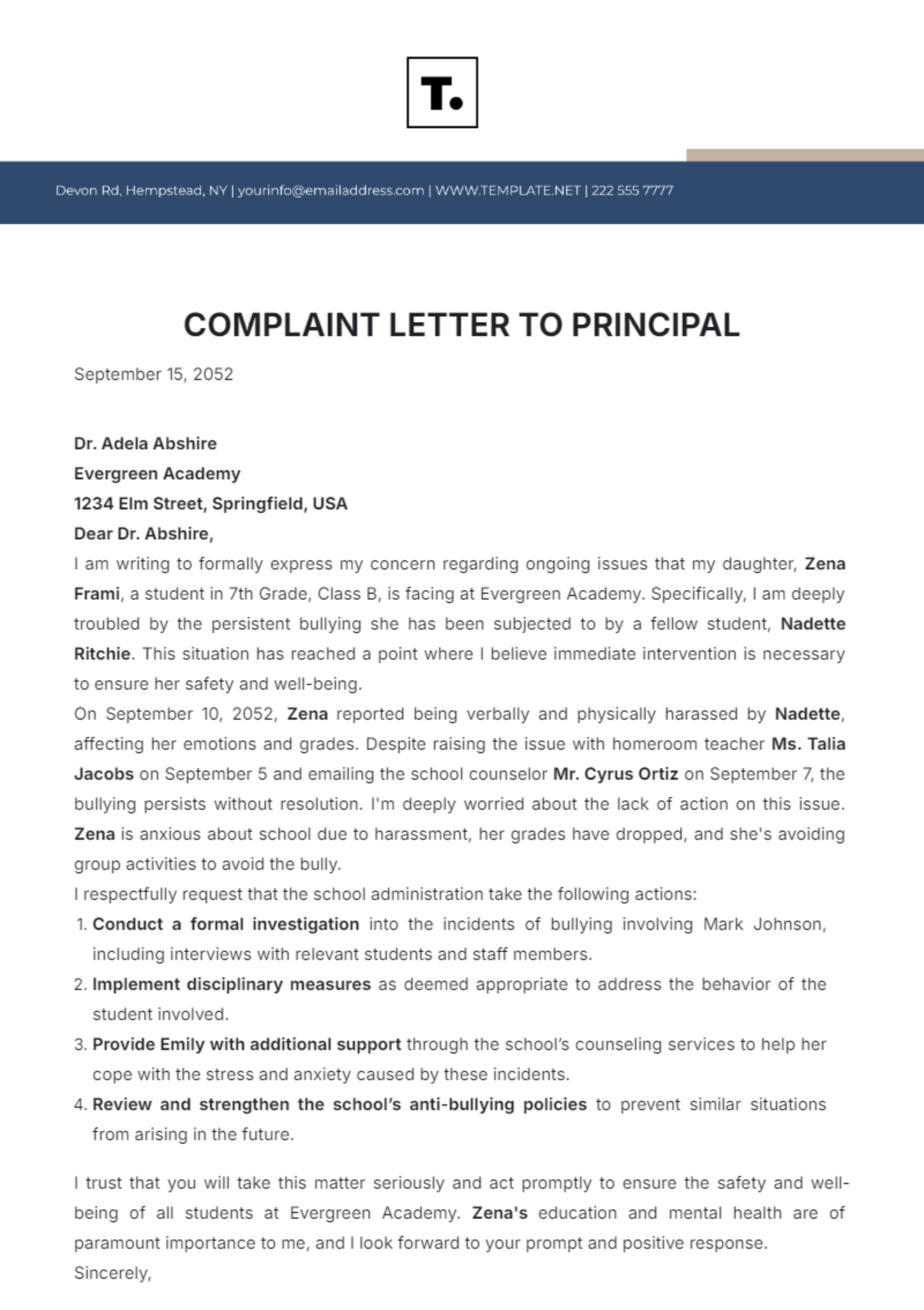 Complaint Letter to Principal Template