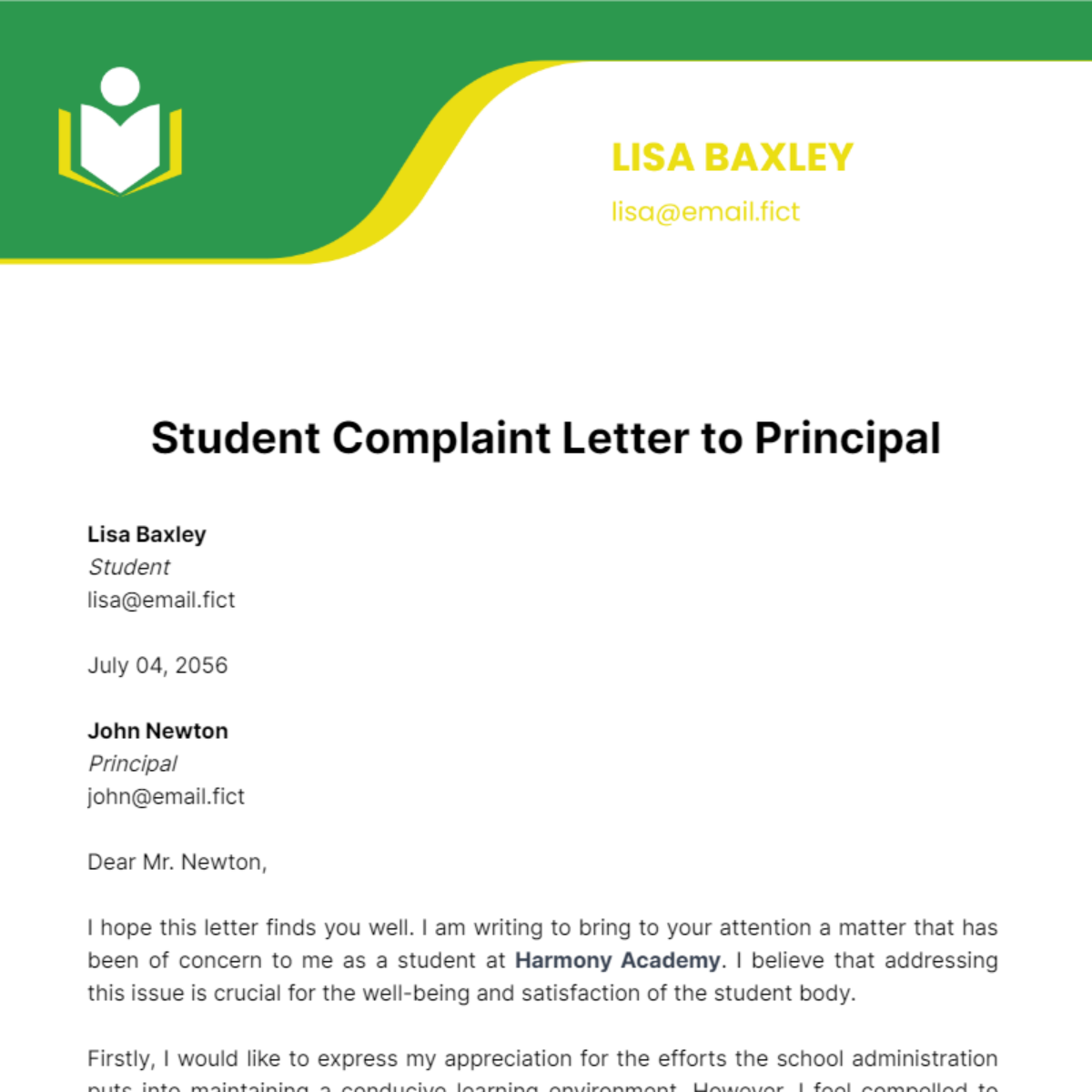 Student Complaint Letter to Principal Template