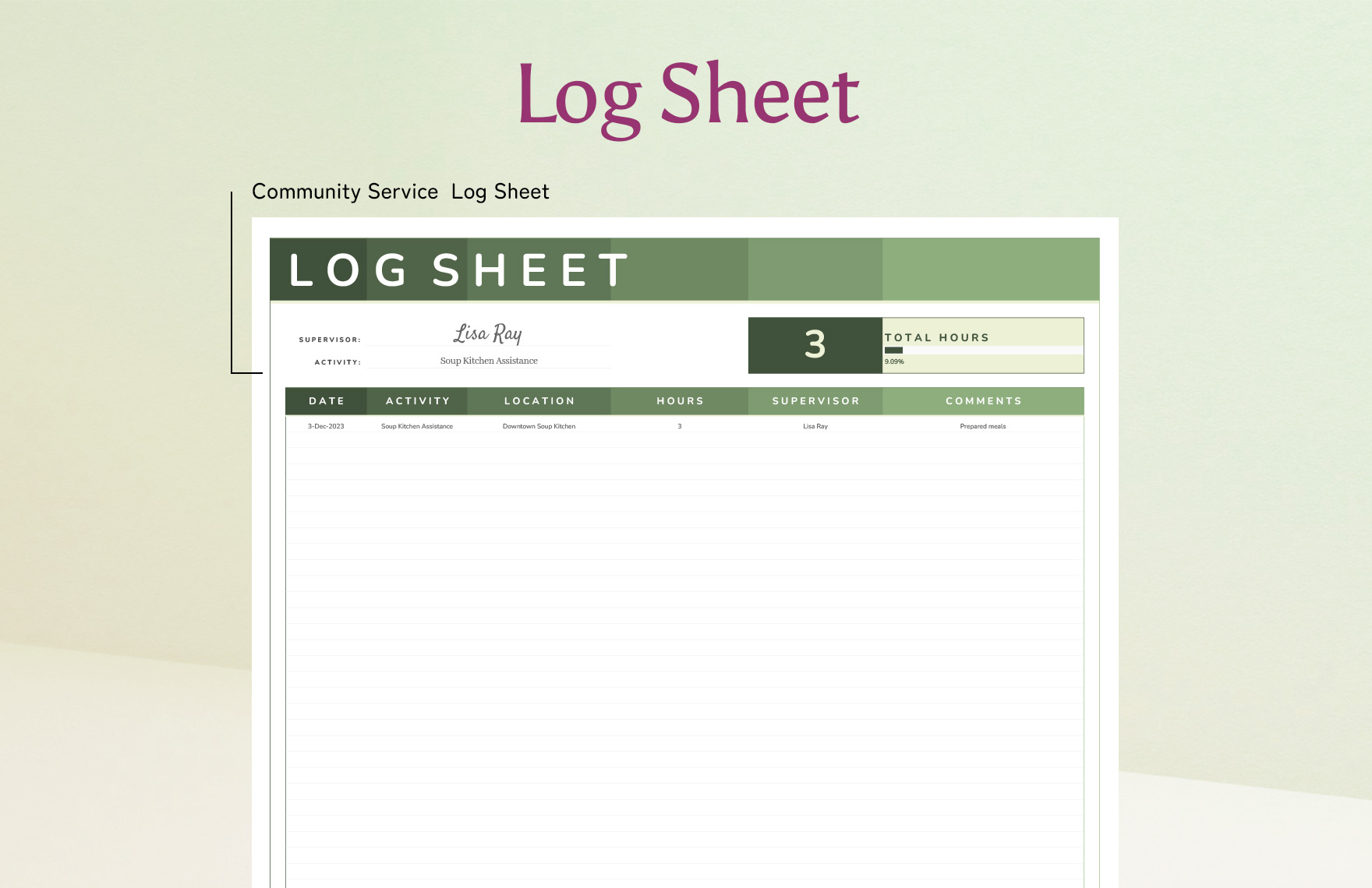 Community Service Log Sheet Template