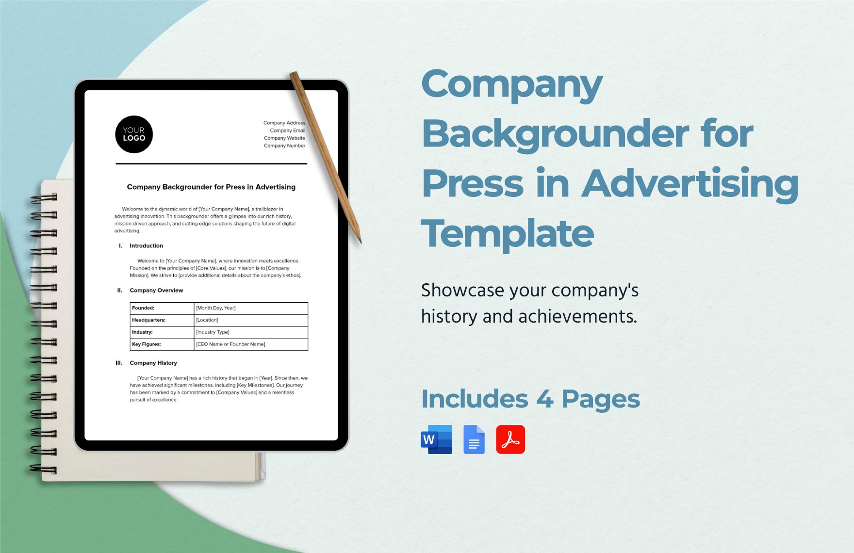 Company Backgrounder for Press in Advertising Template in Word, Google Docs, PDF