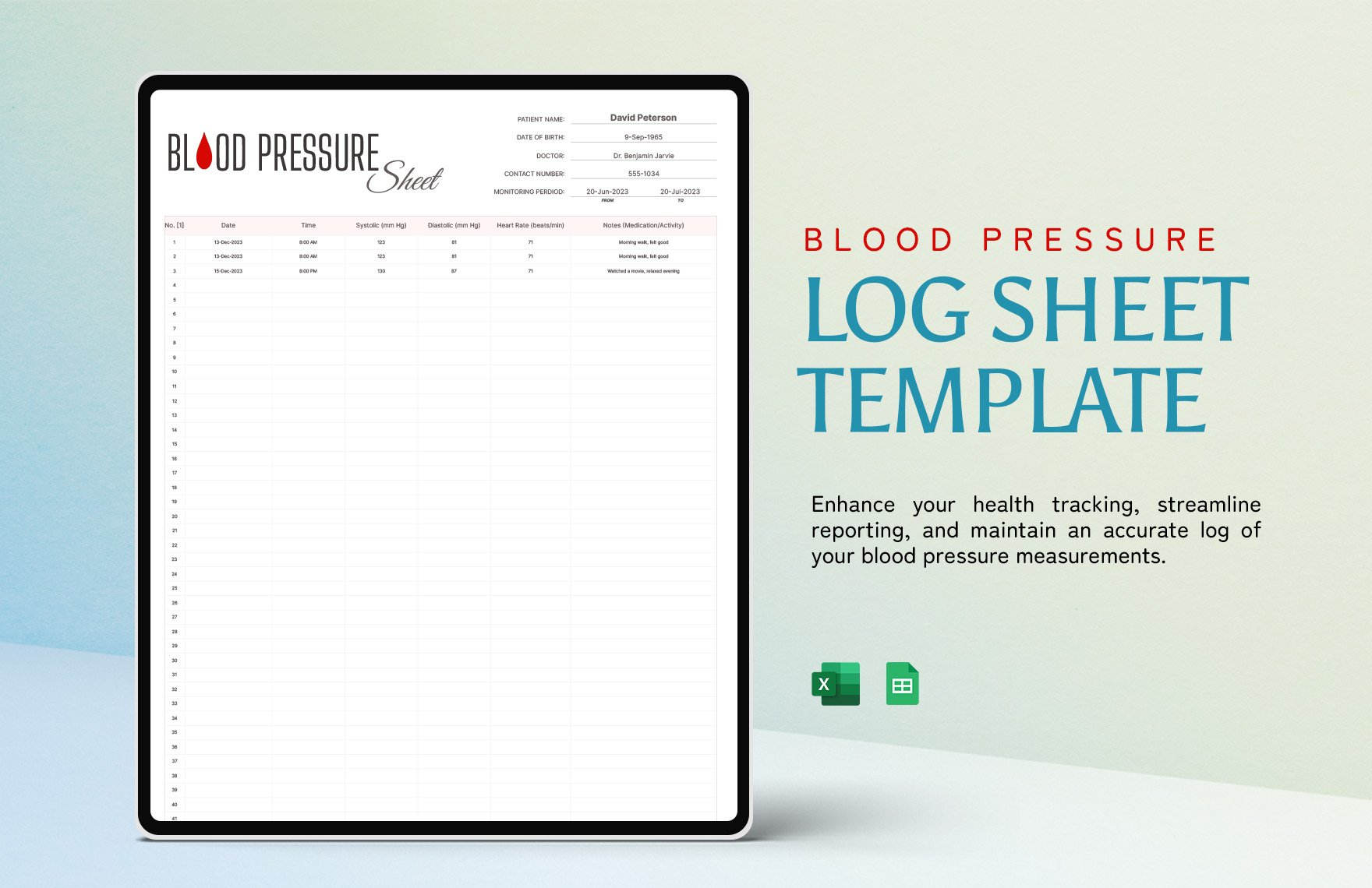 Blood Pressure Log Sheet Template in Excel, Google Sheets