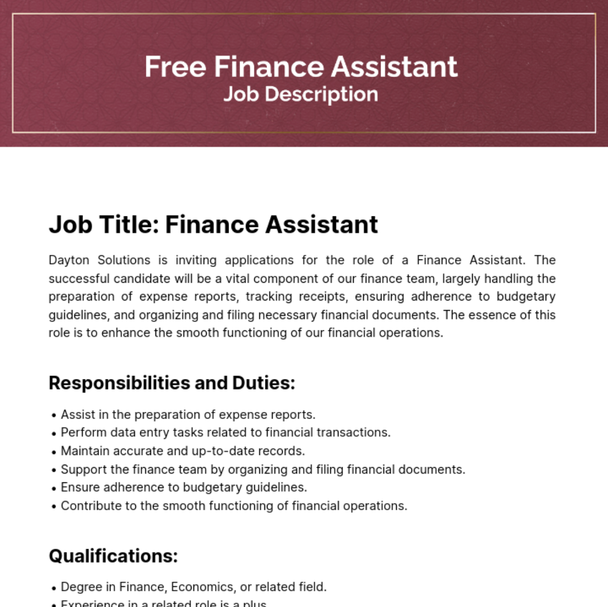 Finance Assistant Job Description Template
