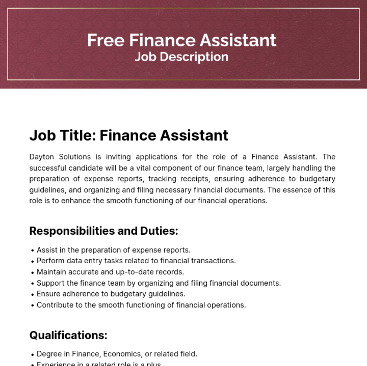 FREE Finance Job Description Templates Examples Edit Online   Finance Assistant Job Description Edit Online 