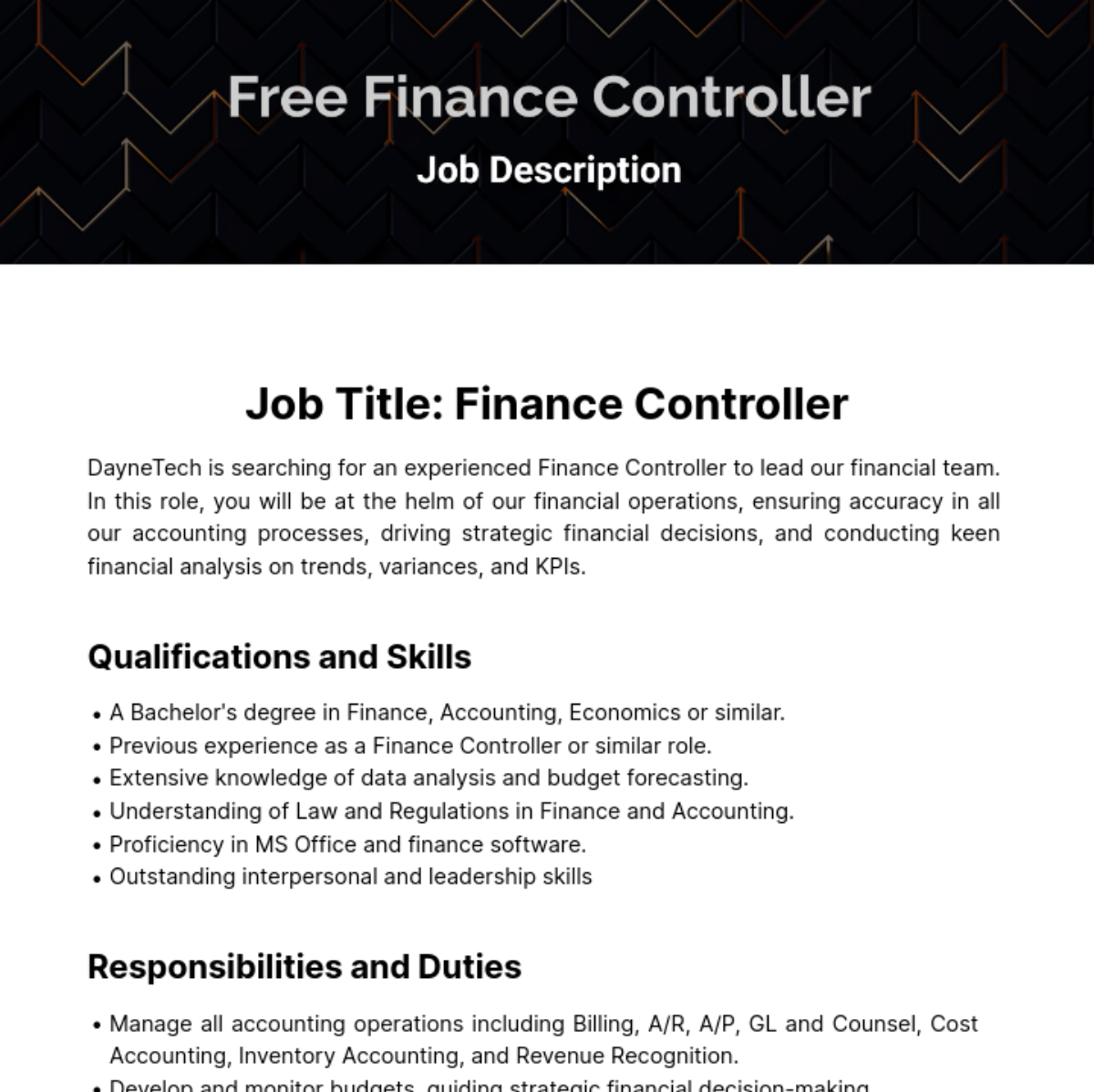 Finance Controller Job Description Template