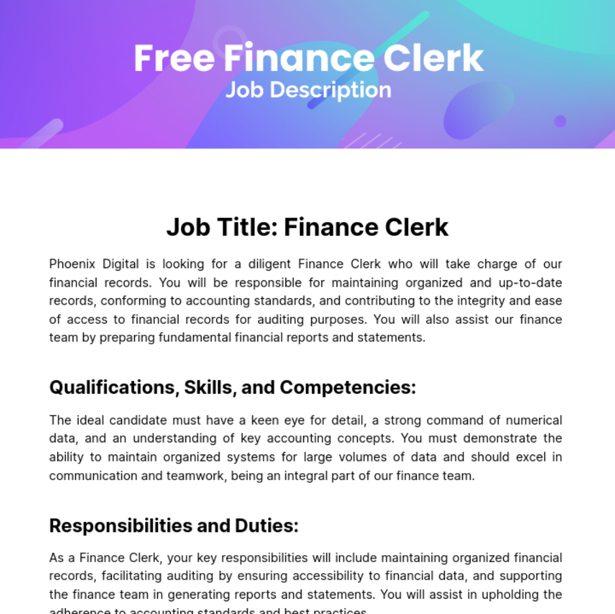 Finance Clerk Job Description Template