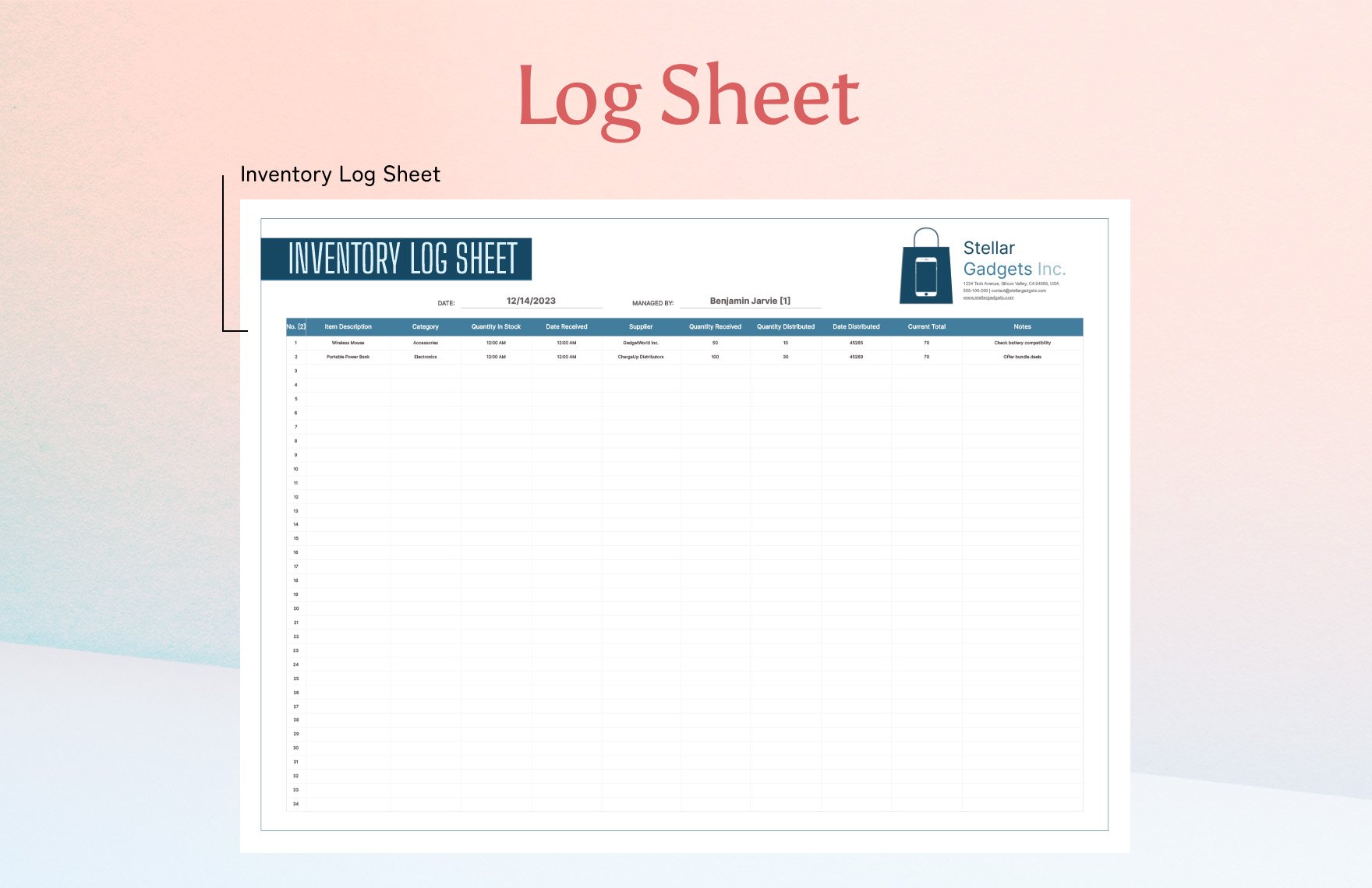 Inventory Log Sheet Template