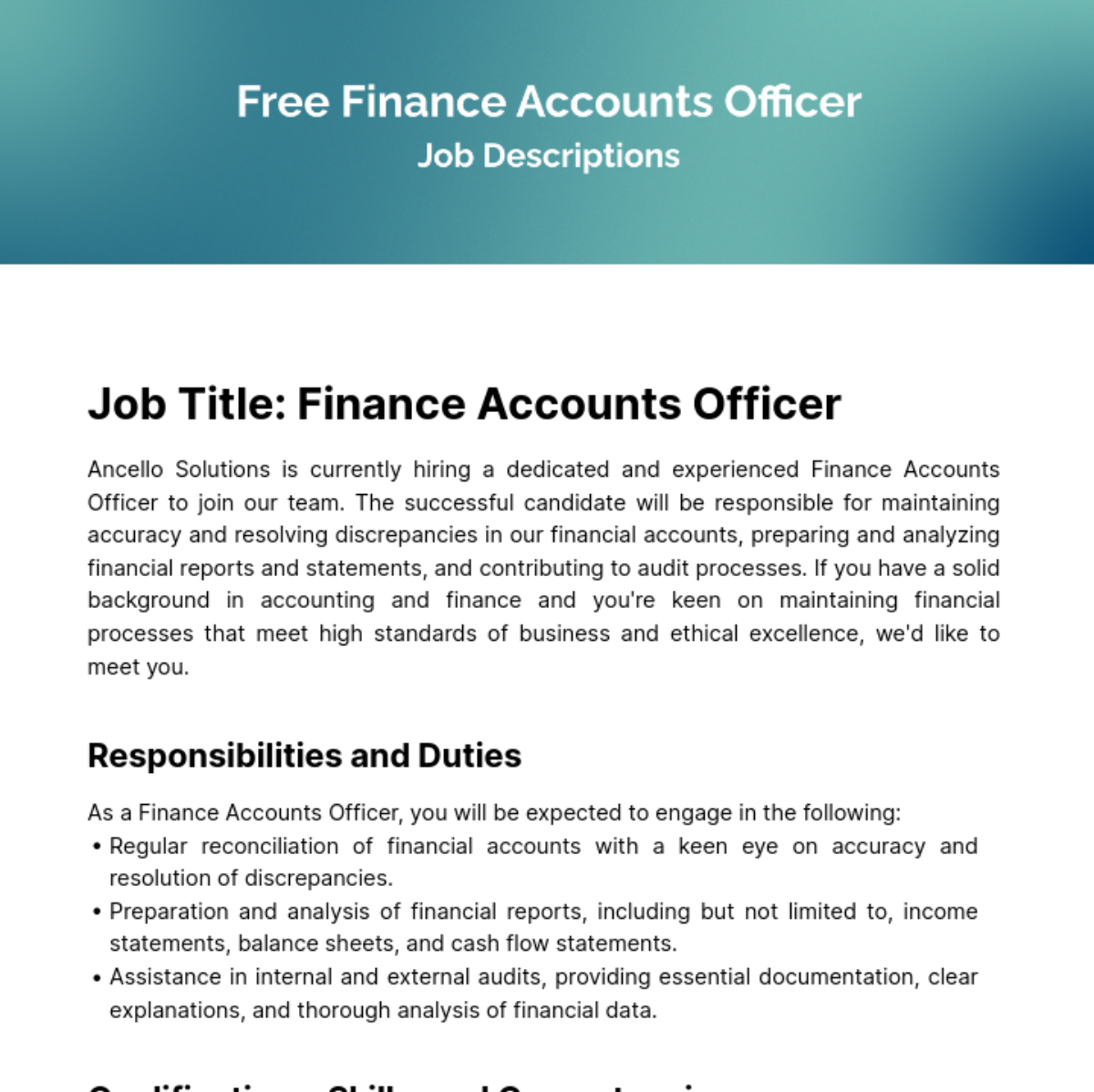Finance Accounts Officer Job Description Template