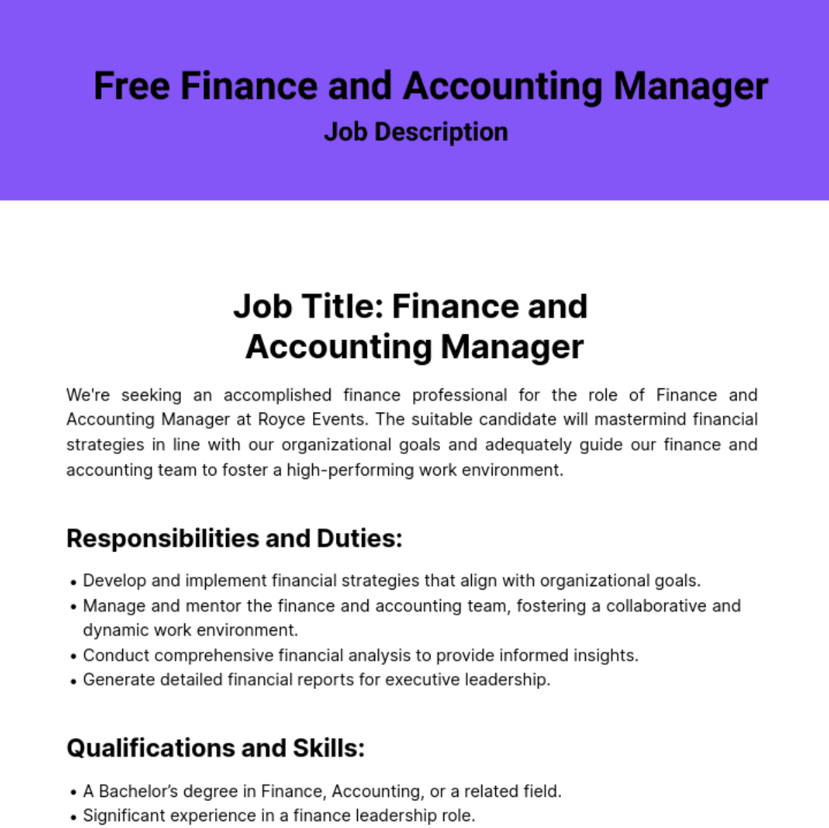 Finance and Accounting Manager Job Description Template