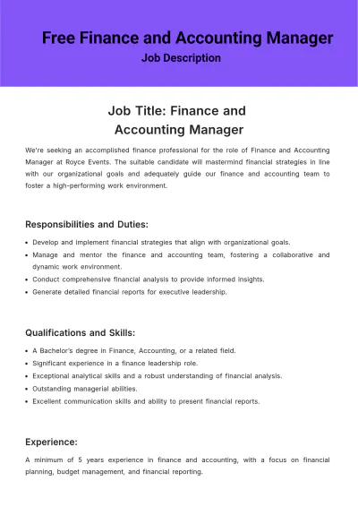Free Finance and Accounting Manager Job Description Template to Edit Online