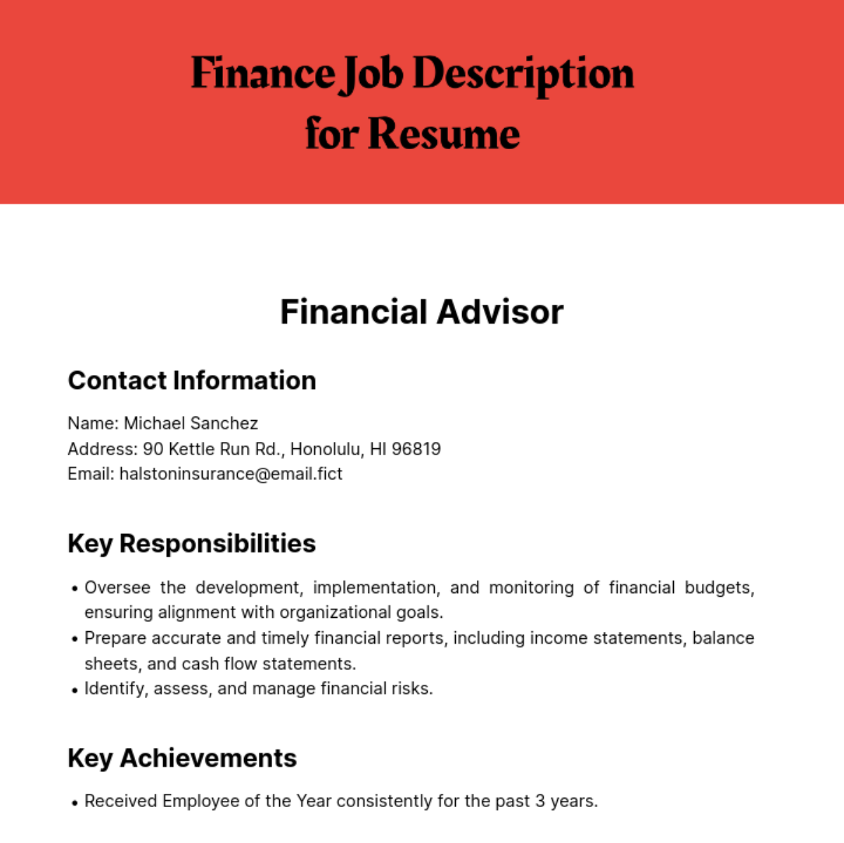 Finance Job Description for Resume Template