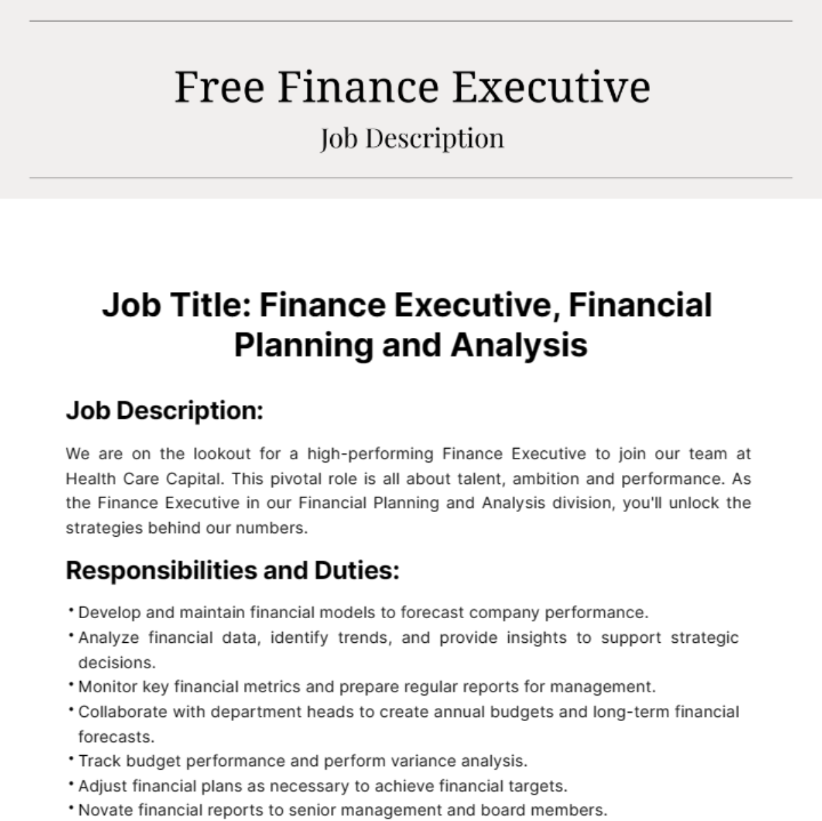 Finance Executive Job Description Template