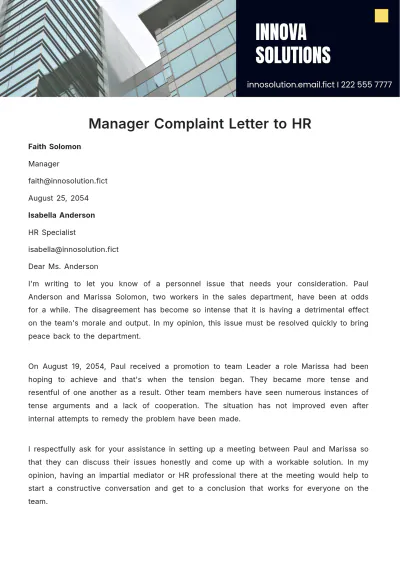 Free Manager Complaint Letter to HR Template to Edit Online