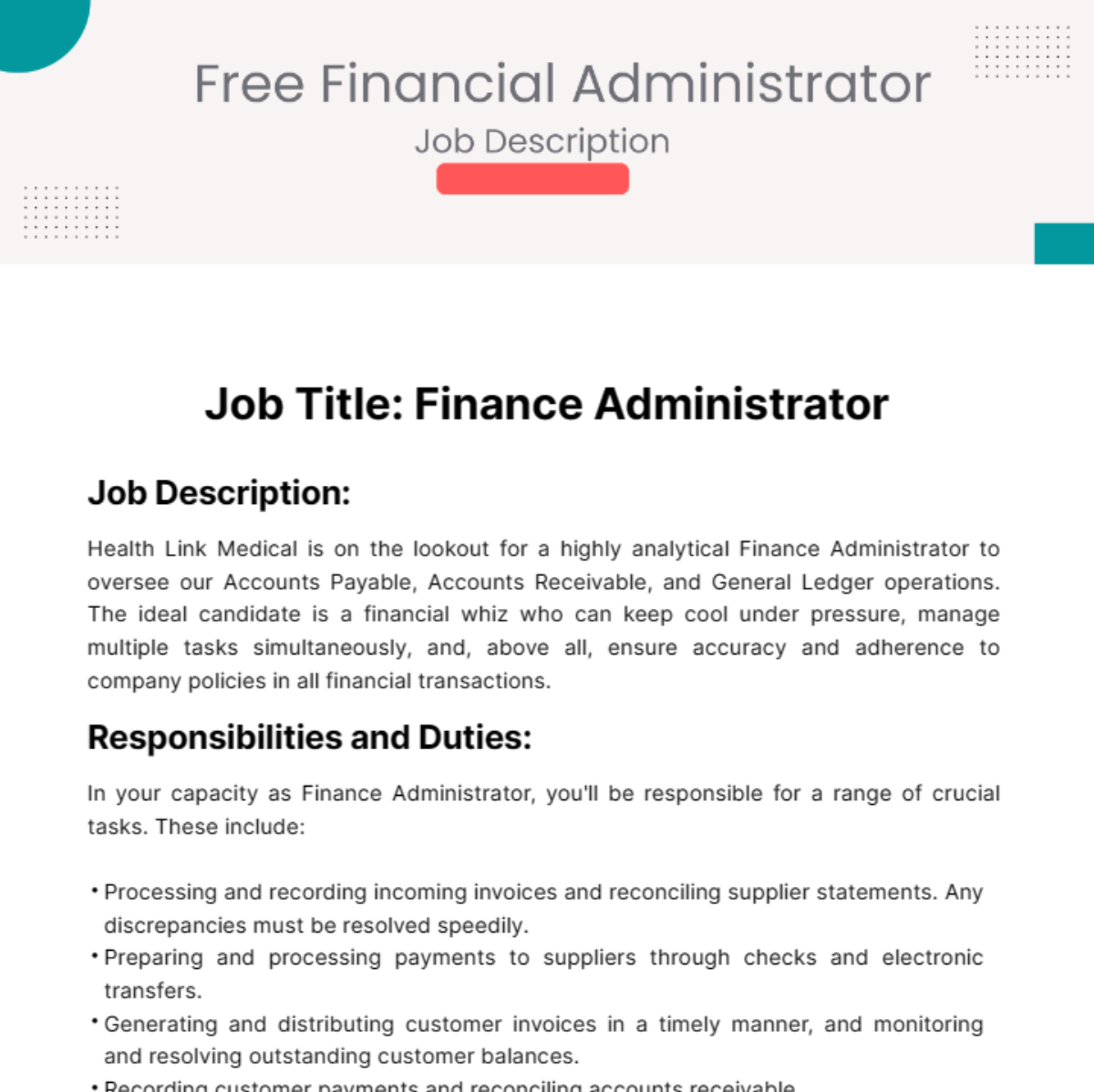 Finance Administrator Job Description Template
