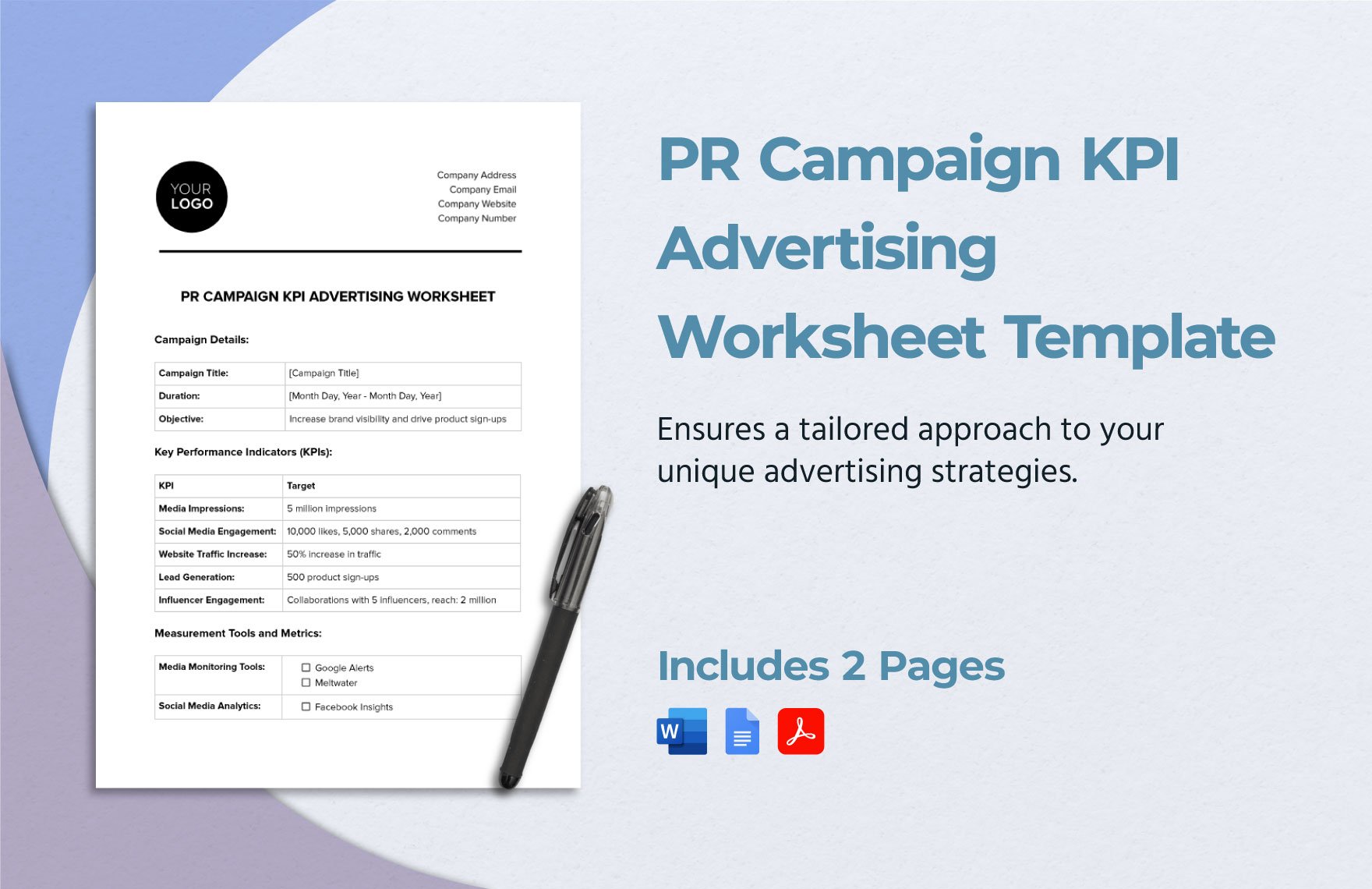 PR Campaign KPI Advertising Worksheet Template in Word, Google Docs, PDF