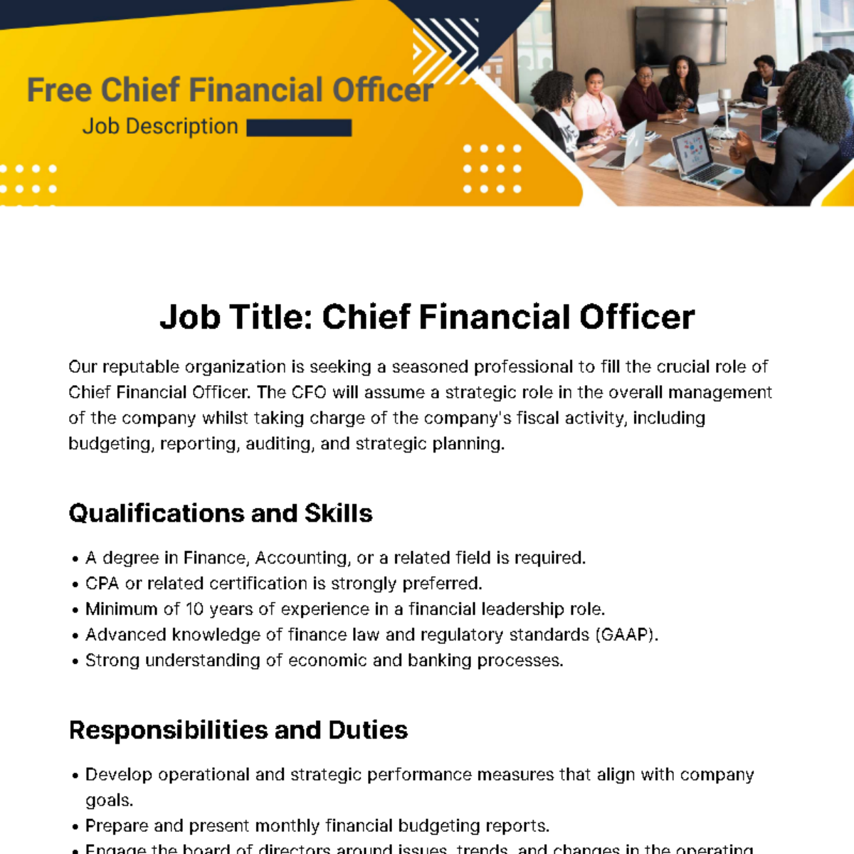 Chief Financial Officer Job Description Template