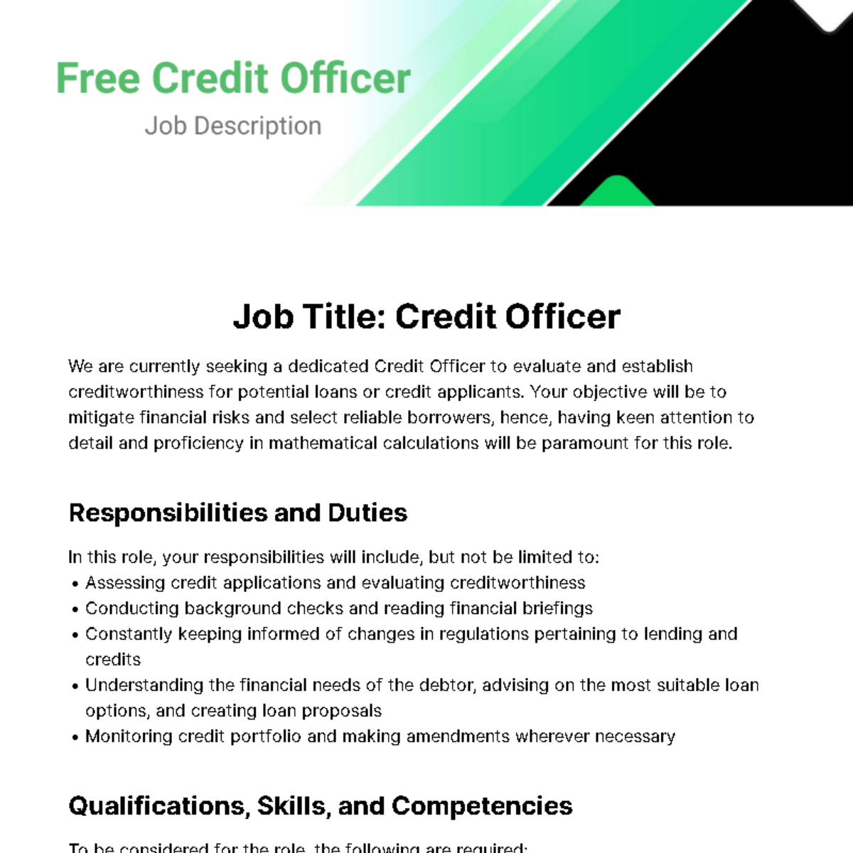 Credit Officer Job Description Template