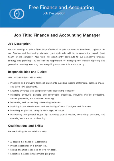 Free Finance and Accounting Job Description Template to Edit Online