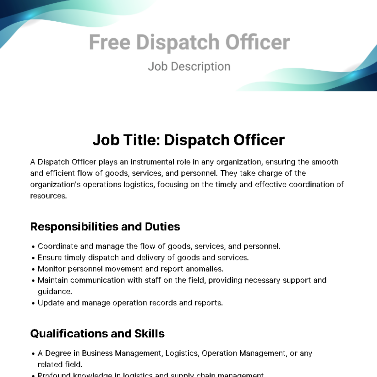 Dispatch Officer Job Description Template