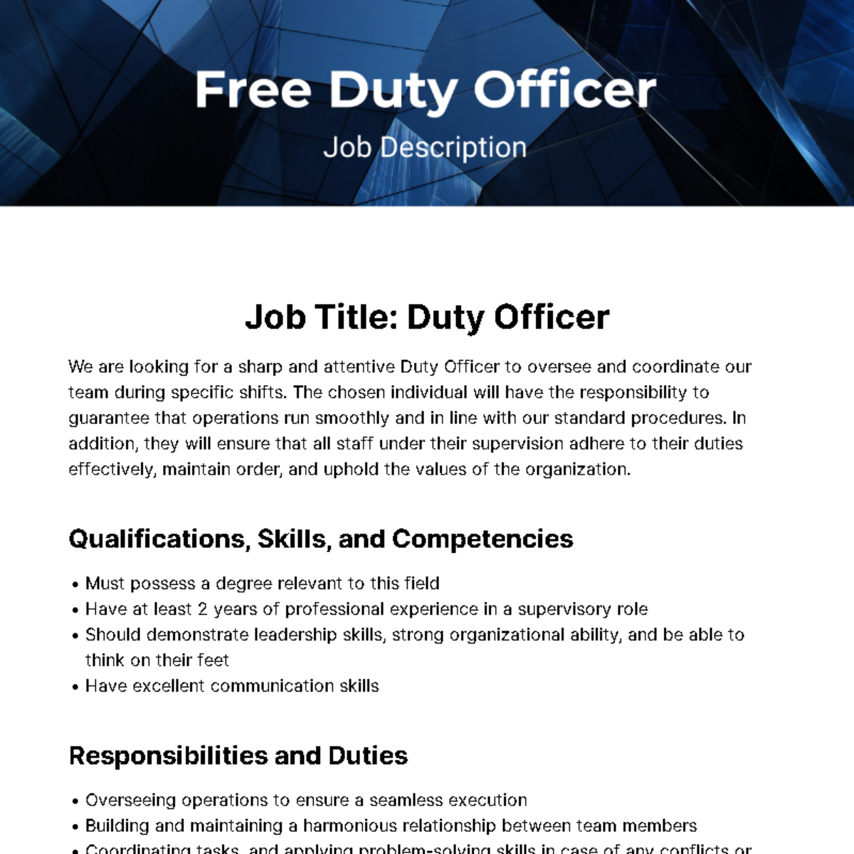 Duty Officer Job Description Template