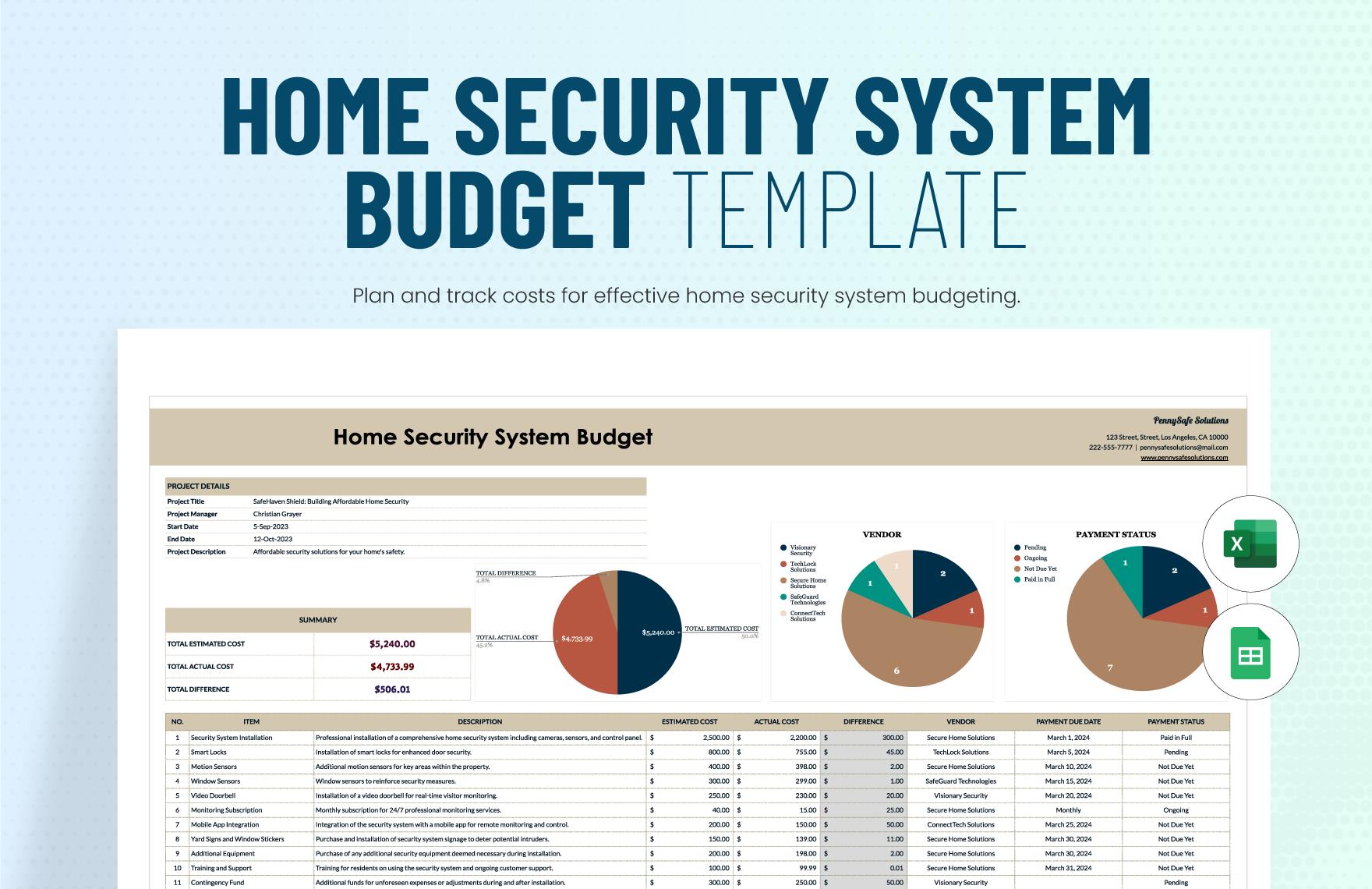 Home Security System Budget Template