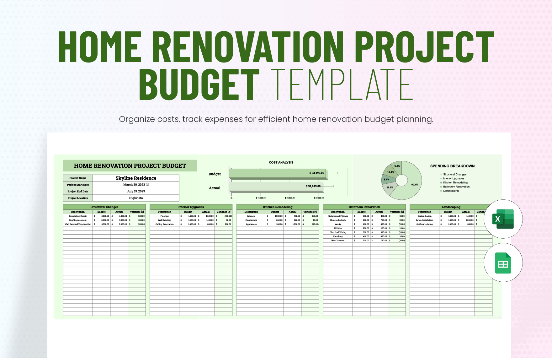 Editable Home Renovation Budget Templates in Microsoft Excel to Download