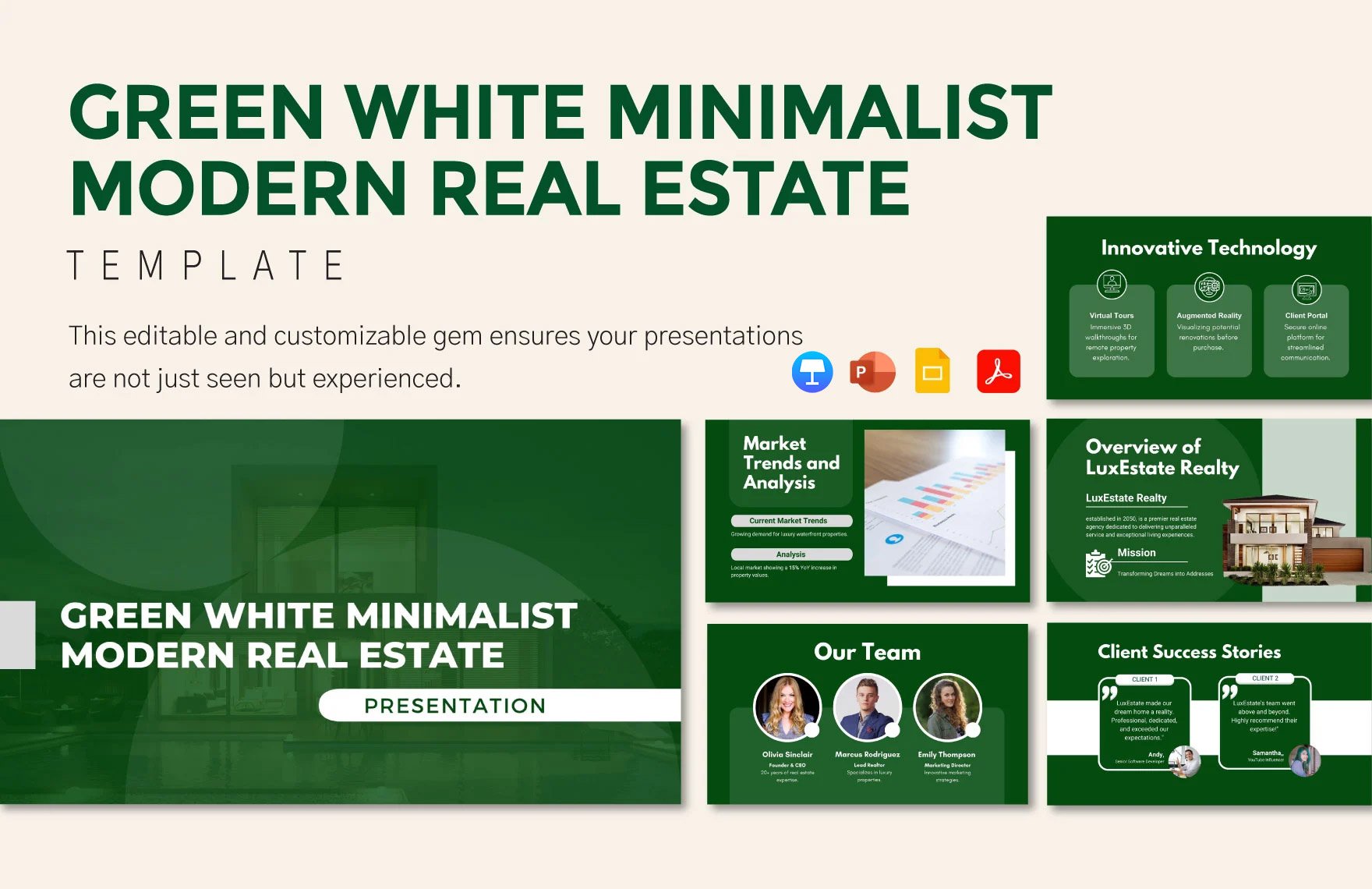 Green White Minimalist Modern Real Estate Template in PDF, PowerPoint, Google Slides, Apple Keynote