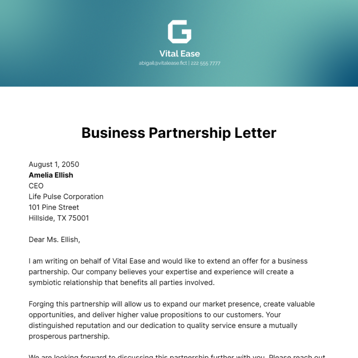 Free Business Partnership Letter Template