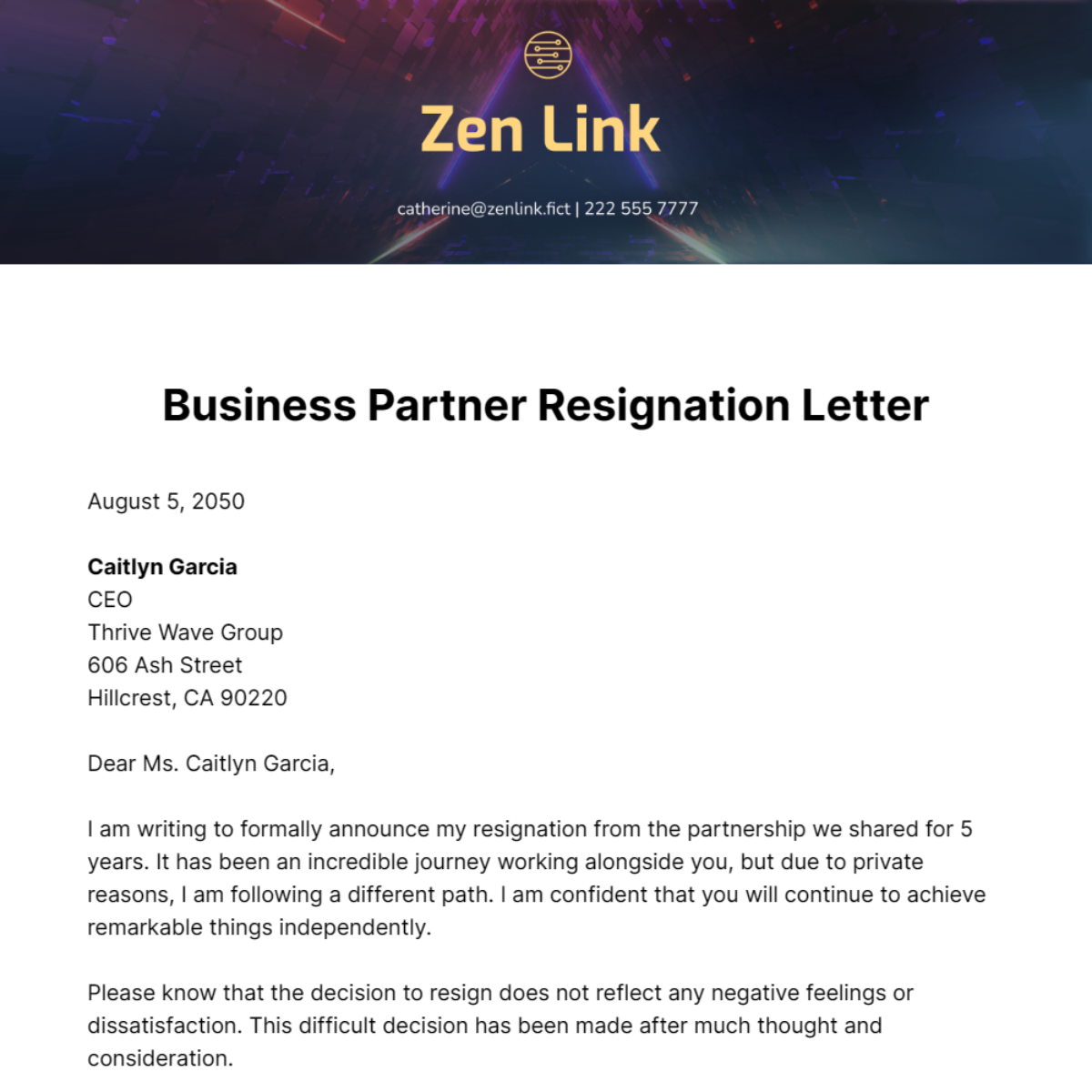 Business Partner Resignation Letter Template