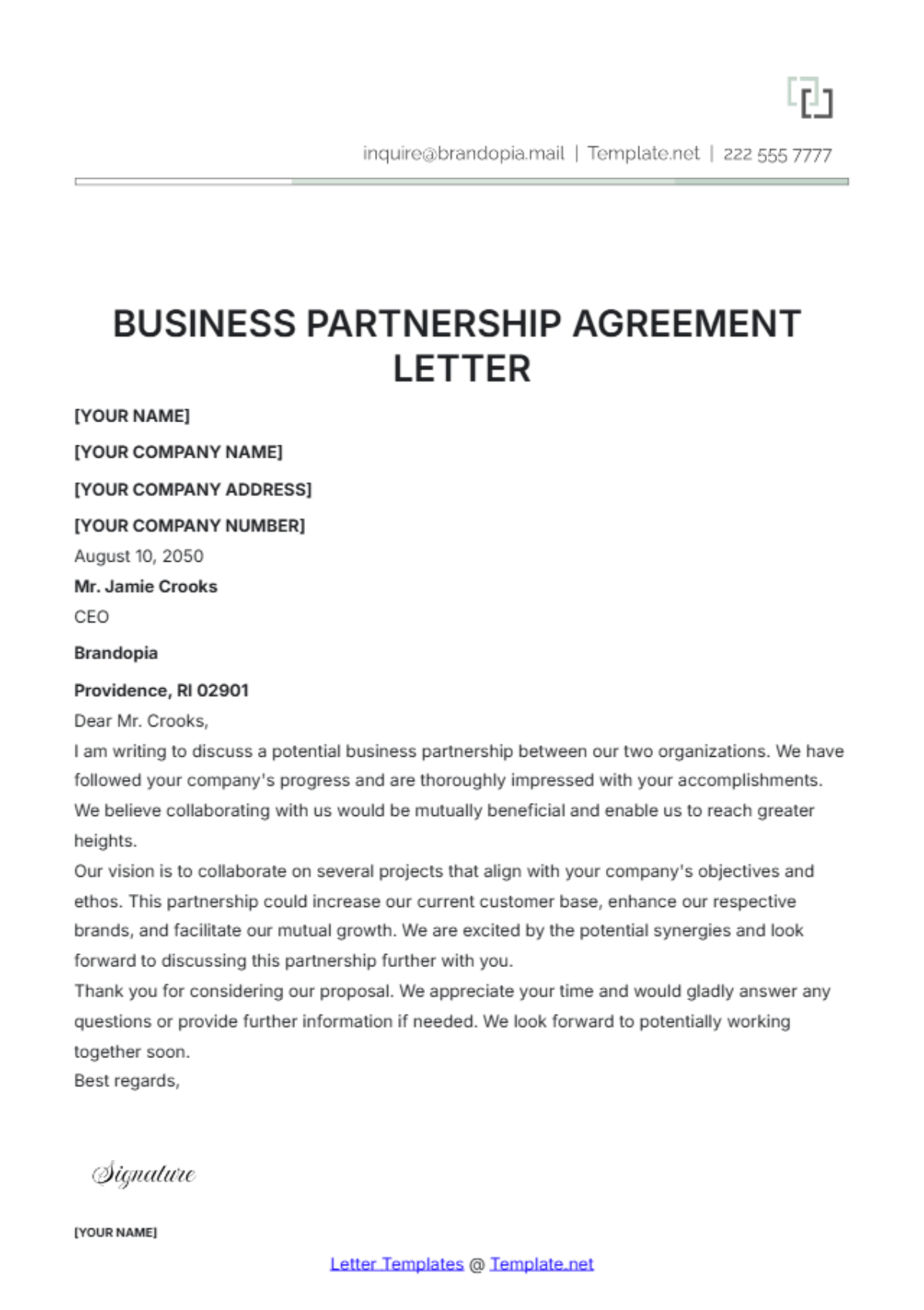 Business Partnership Agreement Letter Template