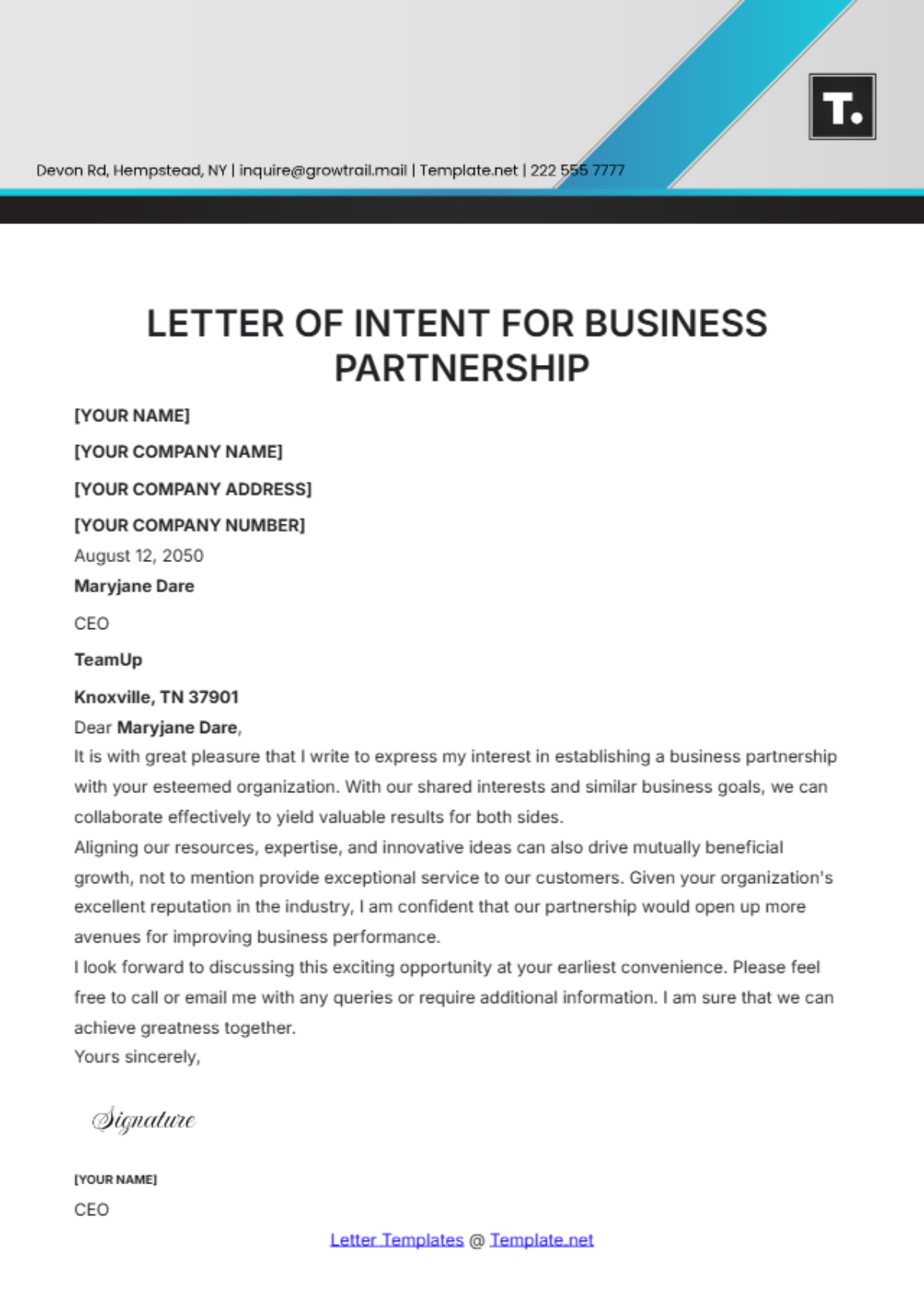 Letter of Intent for Business Partnership Template