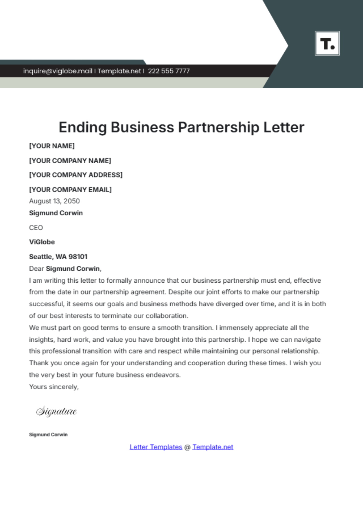 Ending Business Partnership Letter Template