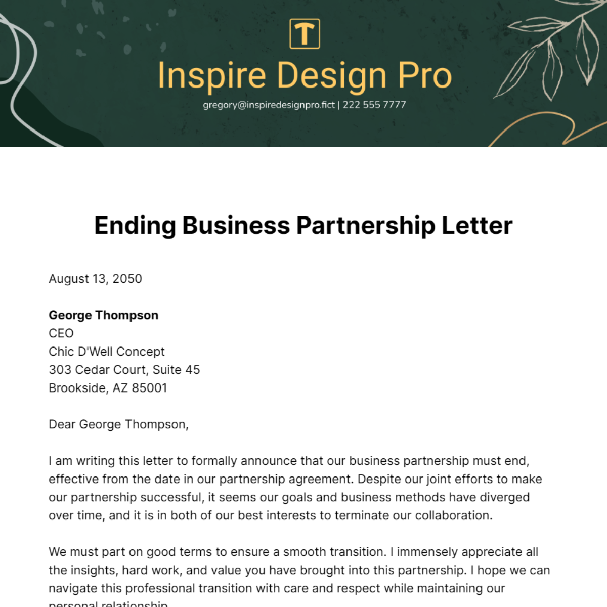 Ending Business Partnership Letter Template