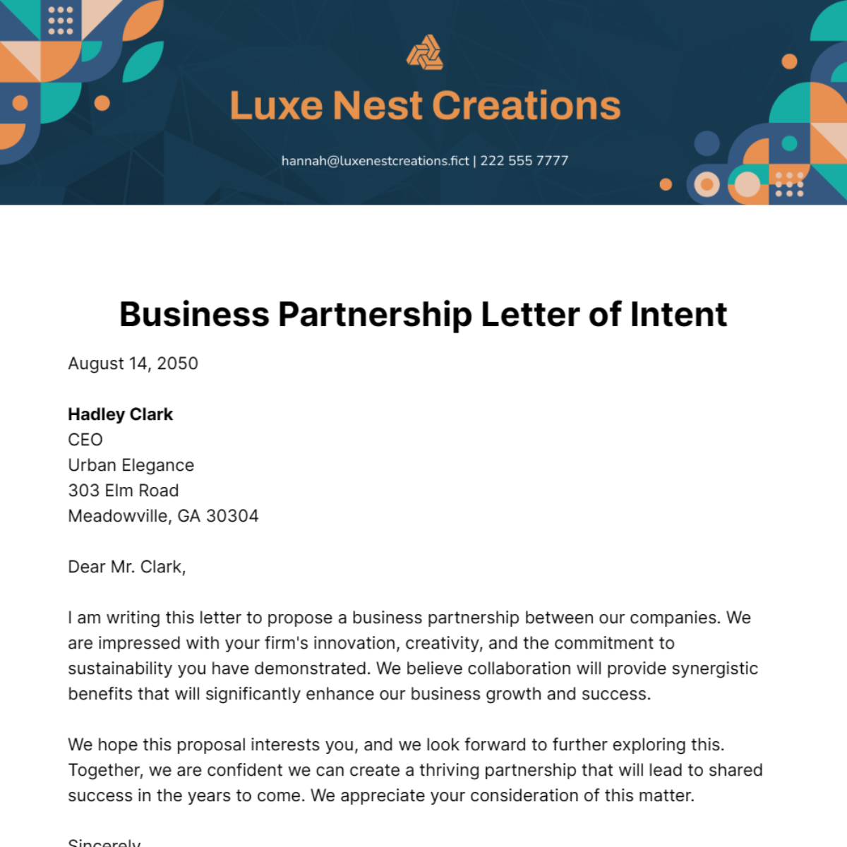 Free Business Partnership Letter of Intent Template